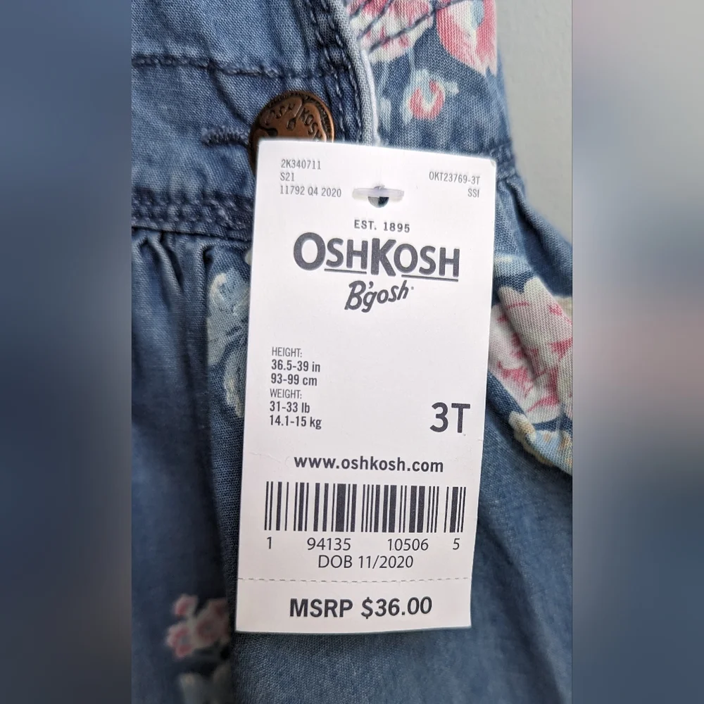 NWT OshKosh B'gosh Vestbak Overall Floral Denim Jumper Size 3T